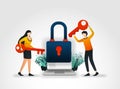 Vector illustration concept. people are holding key to trying to enter and unlock application security but fail because executive