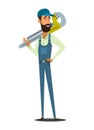 Vector Illustration Concept Plumber Service. Vector Image Cartoon Character Plumbing based on Large Wrench Lifting Finger Up Royalty Free Stock Photo