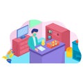 vector illustration concept of scientis working at science laboratorium with tube and microscope, vector template background