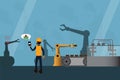 Vector illustration concept showing industry 4,factory using artificial intelligence machinery and caution to technician when they Royalty Free Stock Photo