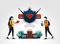 Vector illustration concept. students are accessing internet safely using a wifi network and shield. network security check securi Royalty Free Stock Photo