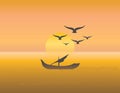 Vector illustration concept of sunset with exotic orange color with several flying birds and a boat