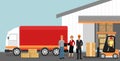 Vector illustration of concept of warehouse with workers, logistics concept. Delivery and transportation of goods Royalty Free Stock Photo