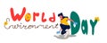 Vector illustration concept world environment day banner. Young girl volonteer cleaning near world environment day lettering.