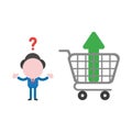 Vector confused businessman character with arrow moving up inside shopping cart