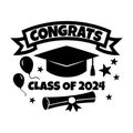 Vector illustration of Congrats Class of 2024 with cap, diploma scroll, balloons