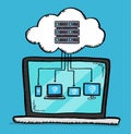 Vector illustration of connecting multiple devices to a cloud server on laptop screen.