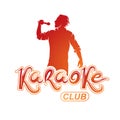 Vector illustration of content man singing, soloist holds a microphone in hand. Karaoke club.