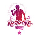 Vector illustration of content man singing, soloist holds a microphone in hand. Karaoke club, feel yourself famous superstar.