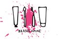 Vector illustration of a contour brush and a tube of paint, a palette knife on pink paint splash. Lettering Brand name. Royalty Free Stock Photo