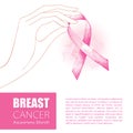 Vector illustration with contour woman hand and pink ribbon on white background. Breast Cancer Awareness Month symbol.