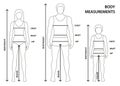 Vector illustration of contoured man, women and boy in full length with measurement lines of body parameters.