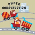 Vector illustration of contruction vehicle with cute litle monkey and bear driver. Can be used for t-shirt print kids wear