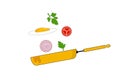 Vector illustration of cooking process of sunny side up eggs with tomatoes parsley red onion in copper frying pan