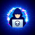 Vector illustration computer black hoodie hacker spread a net - trying cyber attack on laptop with glitch background