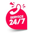 Vector Illustration Flat Red 24/7 Service Label With Phone Icon. Modern Web Element.