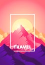 Vector illustration flat travel adventure climb to the top of the mountain poster. Silhouette nature mountains in morning and even Royalty Free Stock Photo