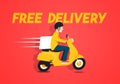 Vector Illustration Free Delivery Concept. Supplier On Scooter With Package.