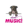 Dog, cool music, play music, headphones, vector, pink