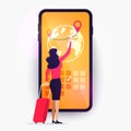 Vector Illustration online booking service app. Woman with luggage book travel on the smartphone.