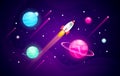 Vector illustration space exploring background with abstract shape, planets and rocket.