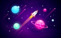 Vector illustration space exploring background with abstract shape, planets and rocket. Royalty Free Stock Photo