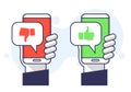 Vector illustration user experience feedback concept hand holding smartphone with like dislike message speech bubble button. Thumb Royalty Free Stock Photo