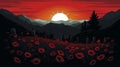 vector illustration, copy space, armicstice day, field of poppies, black gravestone silhouette in the background.