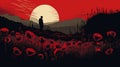 vector illustration, copy space, armicstice day, field of poppies, black soldier silhouette in the background