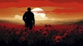 vector illustration, copy space, armicstice day, field of poppies, black soldier silhouette in the background.