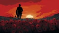 vector illustration, copy space, armicstice day, field of poppies, black soldier silhouette in the background