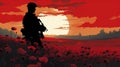 vector illustration, copy space, armicstice day, field of poppies, black soldier silhouette in the background.