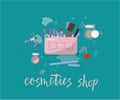 Vector illustration of cosmetics product. With text cosmetics shop. Flat design. .