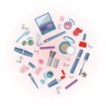 Vector illustration of cosmetics product on watercolor spot. Flat design.