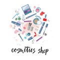 Vector illustration of cosmetics product on watercolor spot. With text cosmetics shop. Flat design.