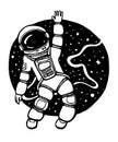 Vector illustration of cosmonaut, astronaut in space with drum on white and dark grey background.