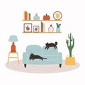 Vector illustration of a cosy living room with sofa, succulent, shelves. lamp and two cats Royalty Free Stock Photo