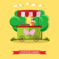 Vector illustration of cotton candy trolley and salesgirl, flat style