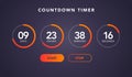 Vector illustration countdown timer website element with buttons. Flat digital clock timer application template for coming soon or