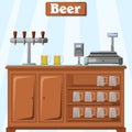 Vector illustration of a counter with beer on the part of the seller with a system of supplying several kinds of beer, a cashless