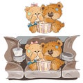Vector illustration of a couple of brown teddy bears sitting in the cinema hall and watching a movie Royalty Free Stock Photo