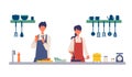 Vector illustration of a couple cooking in the kitchen together. People doing housework Royalty Free Stock Photo