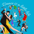 Vector illustration of couple dancing modern dance, Partners dance bachata, Dancing style design concept set