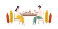 Vector illustration of a couple eating dinner together in the autum Royalty Free Stock Photo