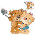 Vector illustration of a couple of enamored brown teddy bears making his selfie photo on a smartphone