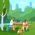 Vector illustration of couple having picnic in park.