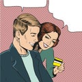 Vector illustration of couple looking at credit card, pop art Royalty Free Stock Photo