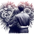 Romantic couple in love with bouquet of flowers. Black and white