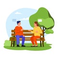 Vector illustration couple sitting on a bench. Cartoon scene with a guy and girl sitting on park bench and talking on Royalty Free Stock Photo