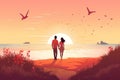 Vector illustration of a couple walking on the beach at sunset. Love concept. Generative AI